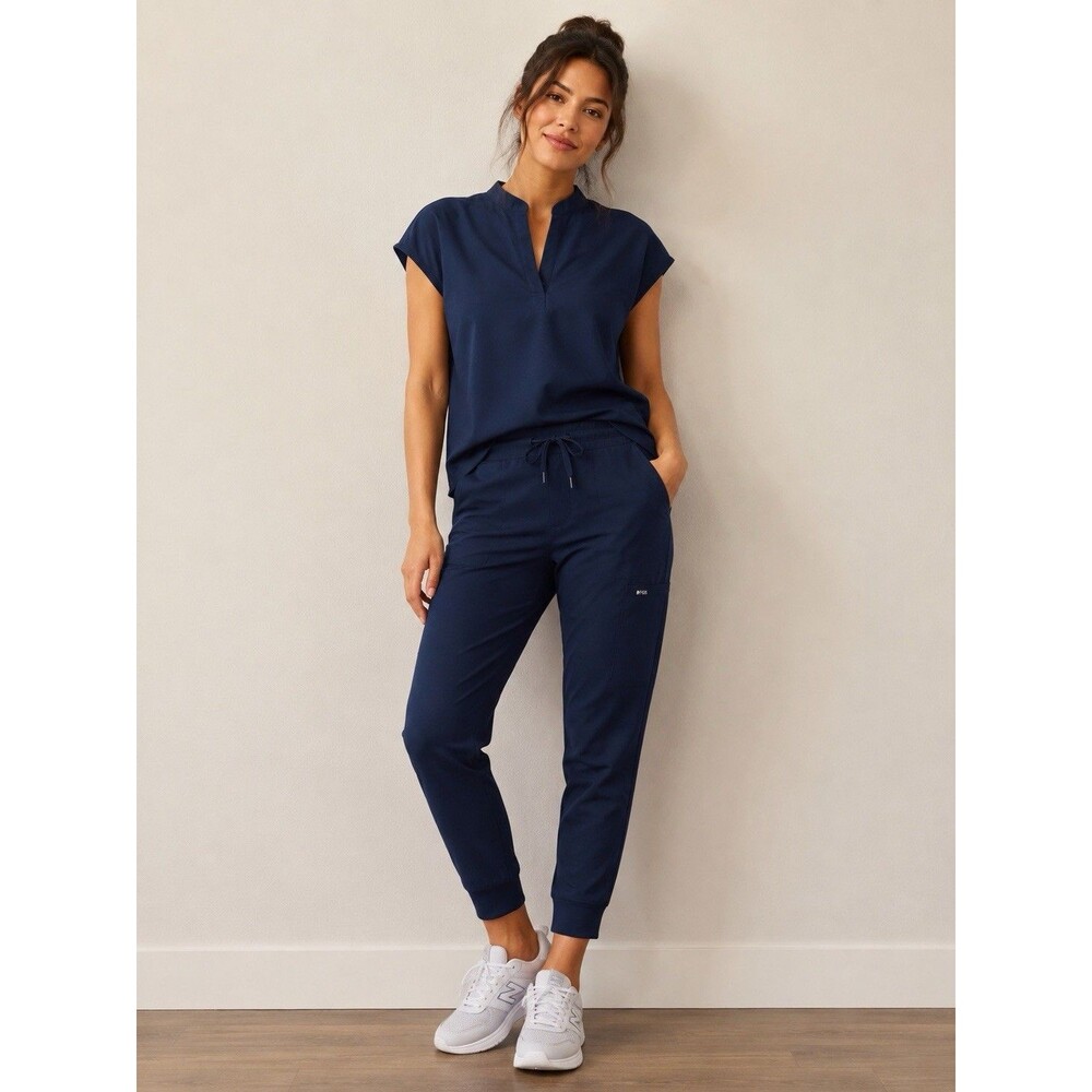 FIGS Technical Collection Scrub Set Top & Pants L Blue Solid Polyester Blend